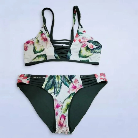 Tinibikini Tropical Green and Pink Floral‎ Bikini - Small / Medium - Picture 2 of 11